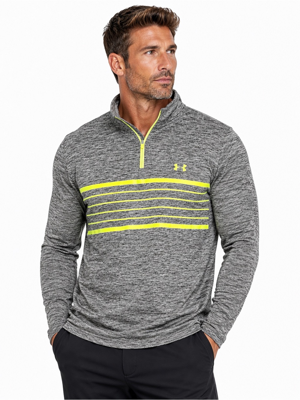 Under Armour Gray Heather Quarter-Zip Pullover with Neon Yellow Accents